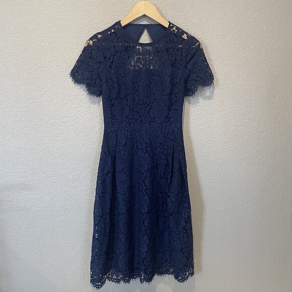 TRUTH & FABLE Women XSmall Lace Dress  Bridesmaid Midi Blue Modest Church Social - Picture 3 of 14